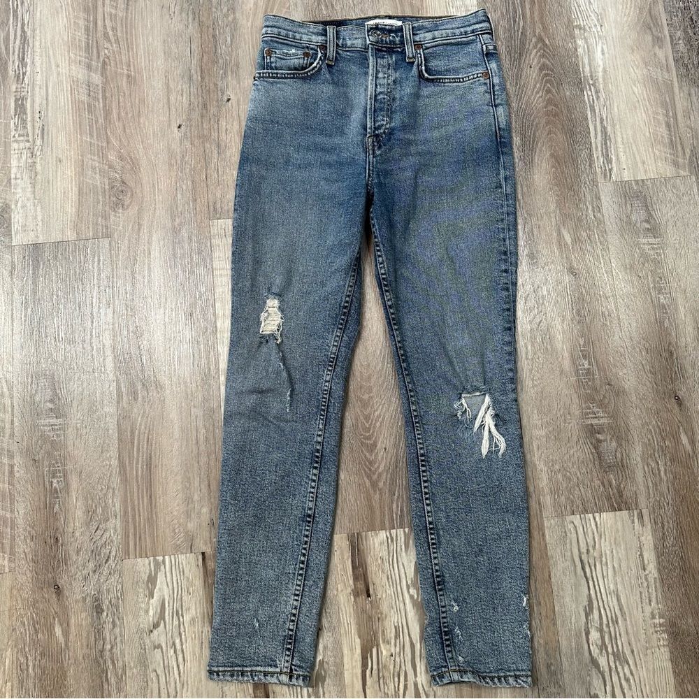 RE/DONE High Rise Ankle Crop Jeans in Mid‎ 90s with Holes Distressed Size 26